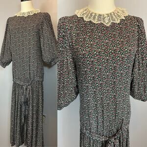 Vintage Drop Waist Dress Pleated Skirt Lace Collar Ditzy Floral Balloon Sleeve